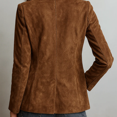 Women's vintage brown blazer with retro contrast stitching and structured collar