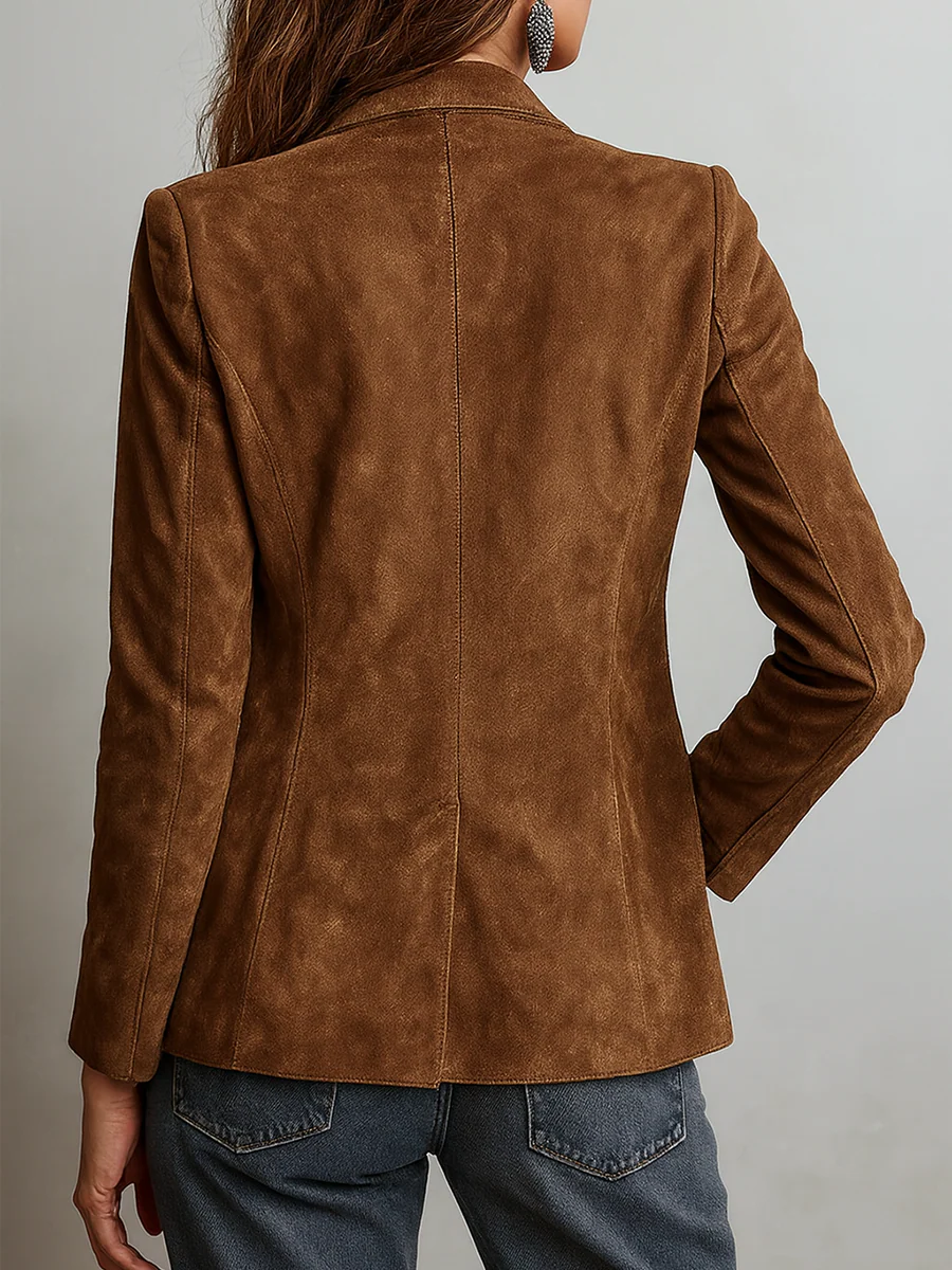 Women's vintage brown blazer with retro contrast stitching and structured collar