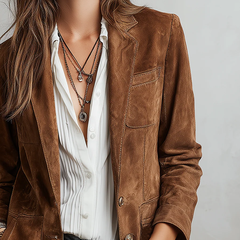 Women's vintage brown blazer with retro contrast stitching and structured collar