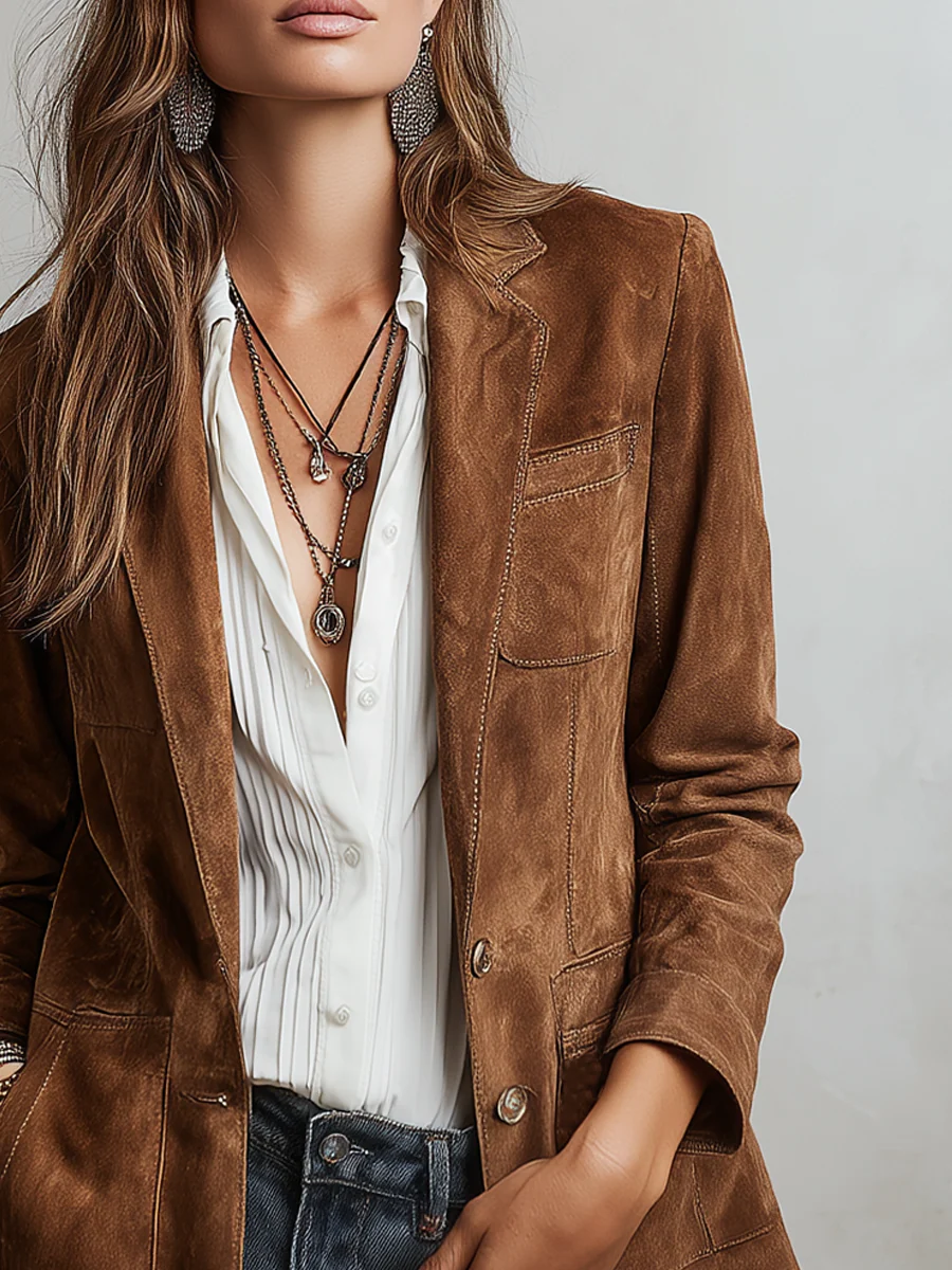 Women's vintage brown blazer with retro contrast stitching and structured collar