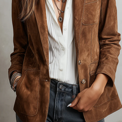 Women's vintage brown blazer with retro contrast stitching and structured collar