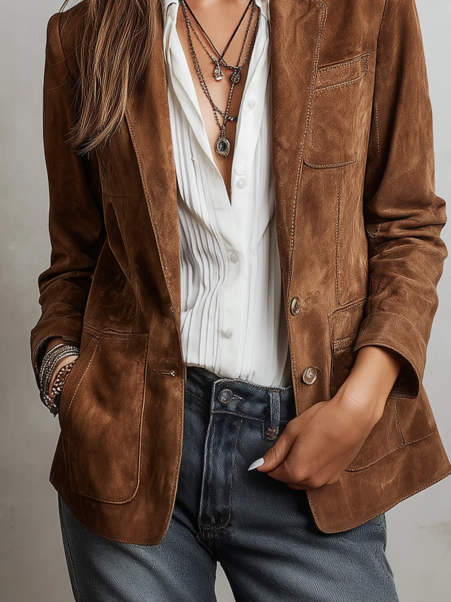 Women's vintage brown blazer with retro contrast stitching and structured collar