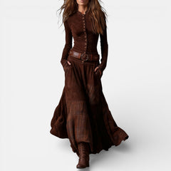 Leonora vintage check maxi dress with fitted bodice, flared hem and matching belt