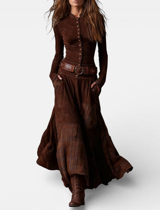 Leonora vintage check maxi dress with fitted bodice, flared hem and matching belt