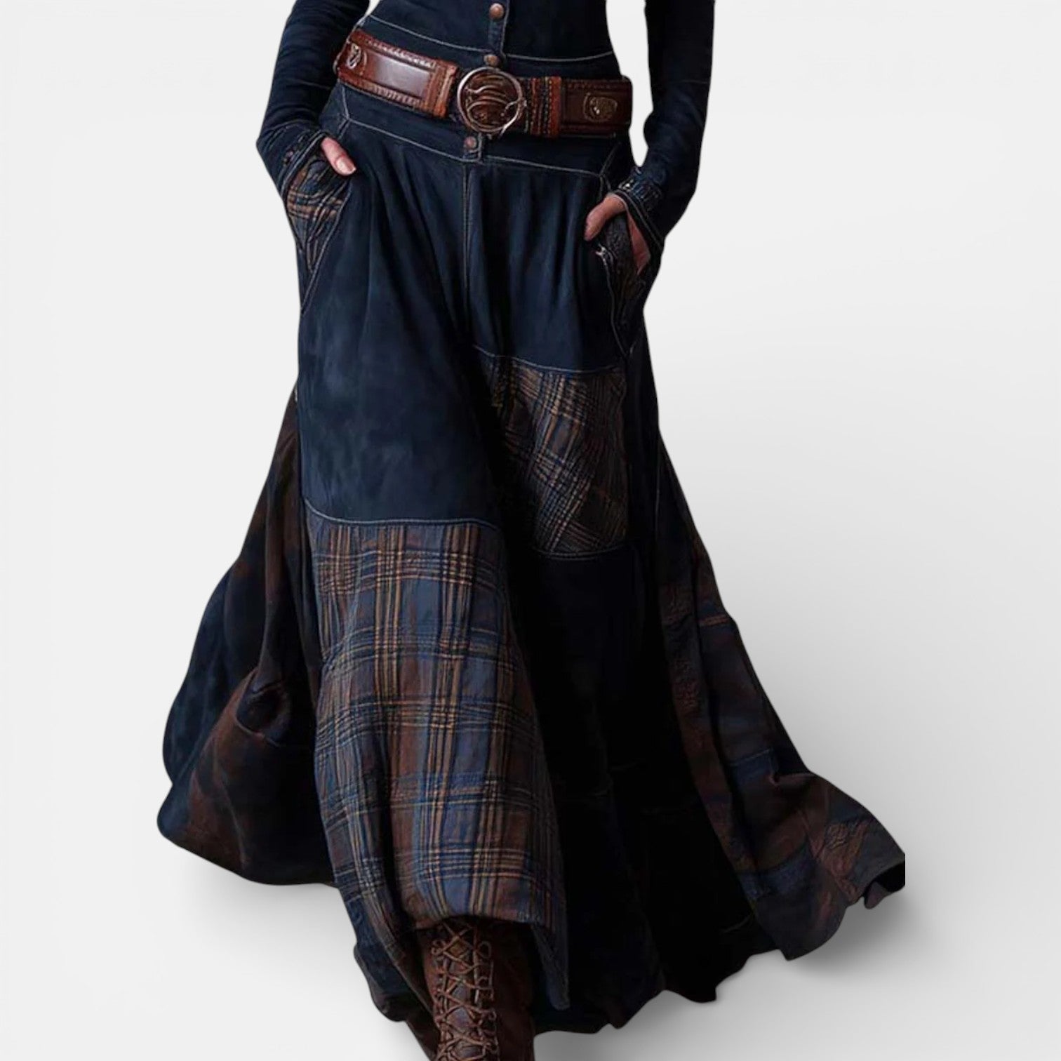 Leonora vintage check maxi dress with fitted bodice, flared hem and matching belt