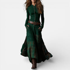 Leonora vintage check maxi dress with fitted bodice, flared hem and matching belt