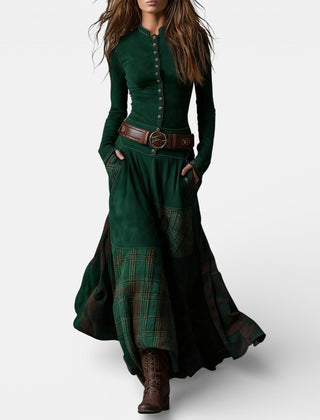 Leonora vintage check maxi dress with fitted bodice, flared hem and matching belt
