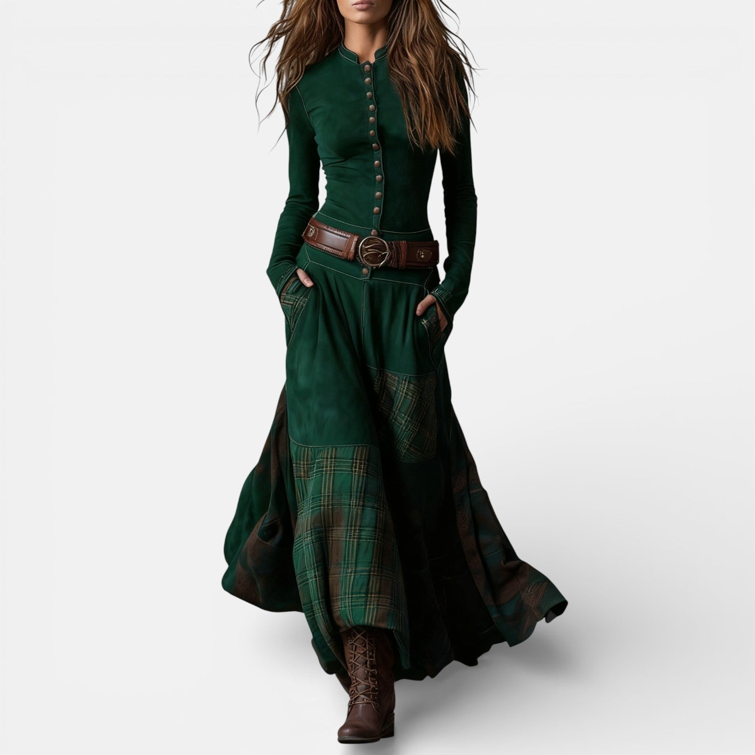 Leonora vintage check maxi dress with fitted bodice, flared hem and matching belt