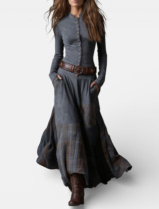 Leonora vintage check maxi dress with fitted bodice, flared hem and matching belt