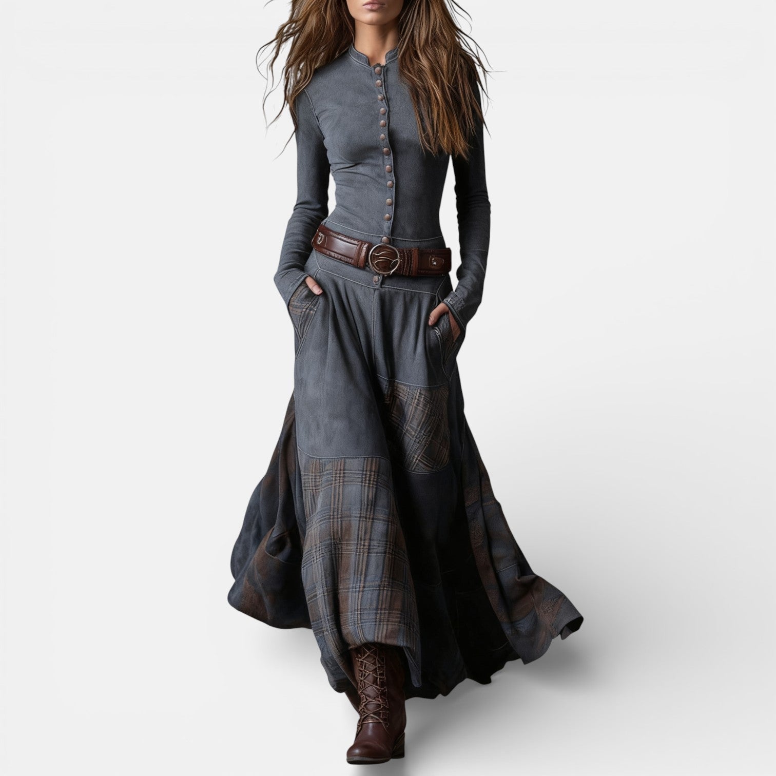 Leonora vintage check maxi dress with fitted bodice, flared hem and matching belt