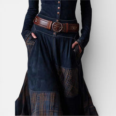 Leonora vintage check maxi dress with fitted bodice, flared hem and matching belt