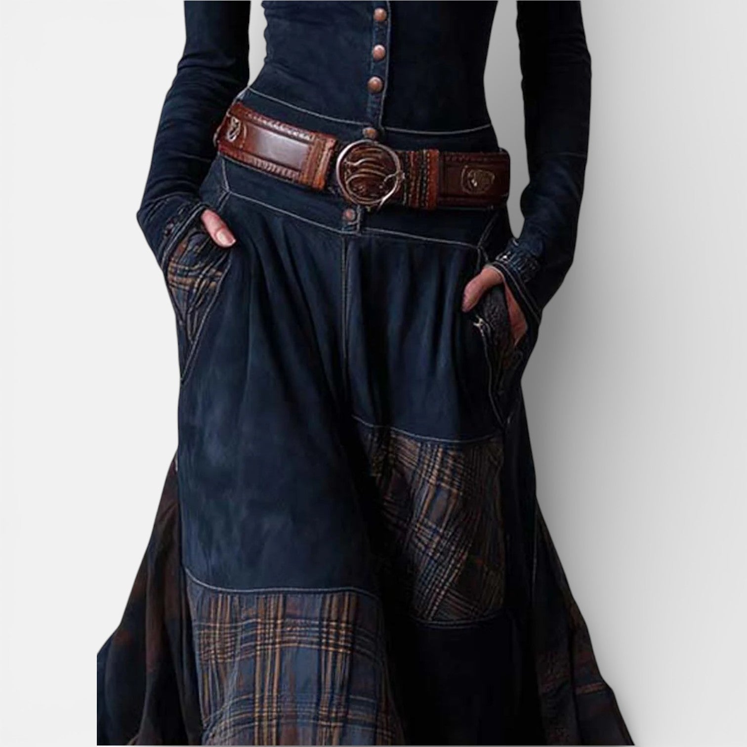 Leonora vintage check maxi dress with fitted bodice, flared hem and matching belt