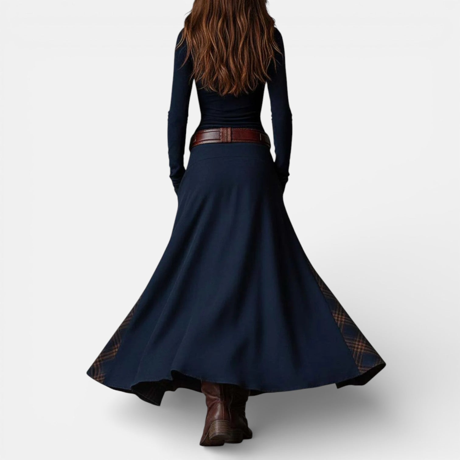 Leonora vintage check maxi dress with fitted bodice, flared hem and matching belt