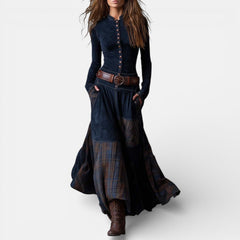 Leonora vintage check maxi dress with fitted bodice, flared hem and matching belt