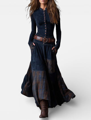 Leonora vintage check maxi dress with fitted bodice, flared hem and matching belt