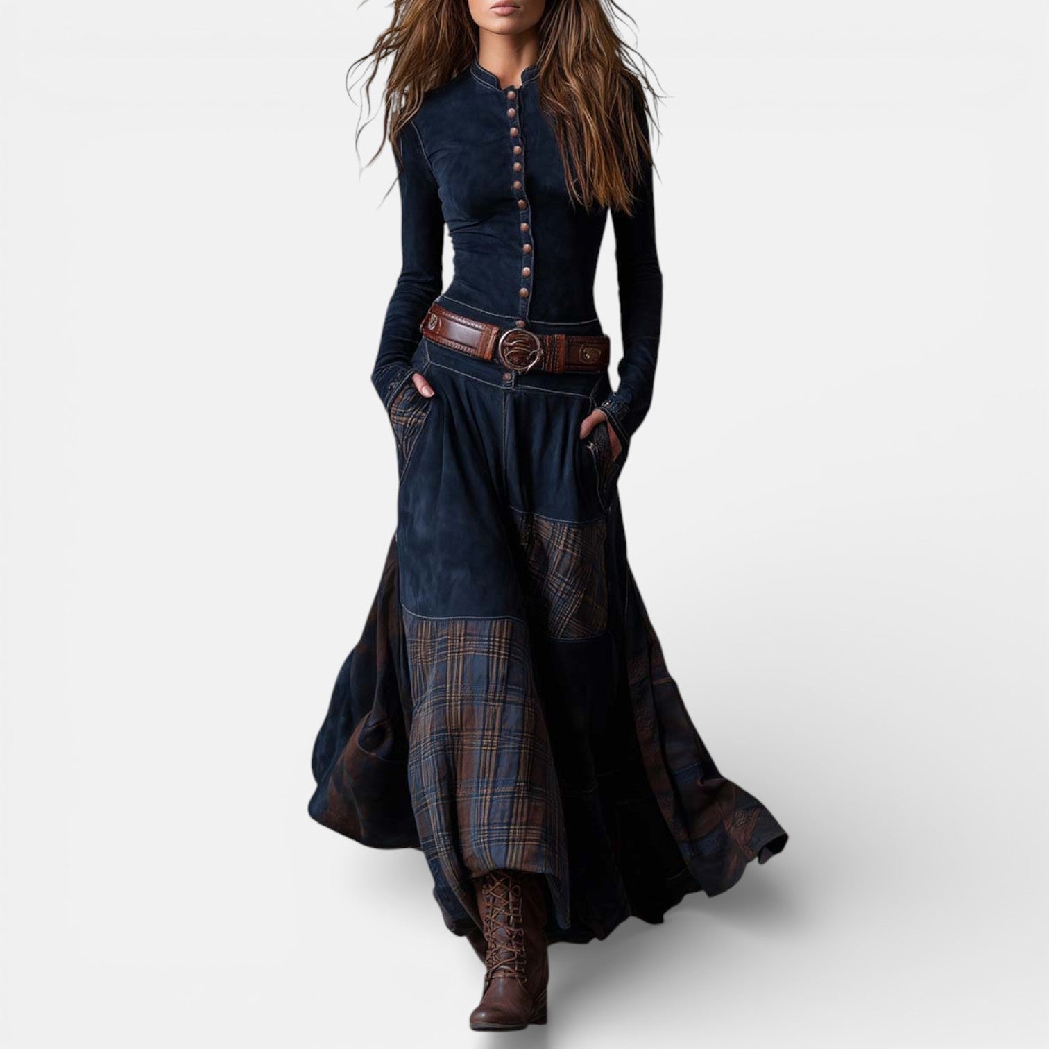 Leonora vintage check maxi dress with fitted bodice, flared hem and matching belt