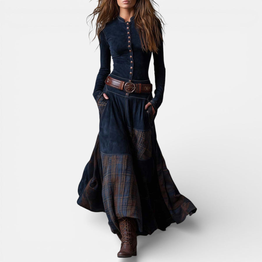 Leonora vintage check maxi dress with fitted bodice, flared hem and matching belt