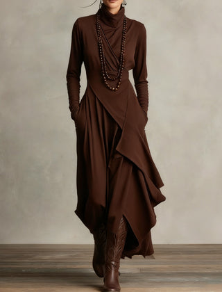 Genevieve turtleneck maxi dress with long sleeves and a soft flowing drape