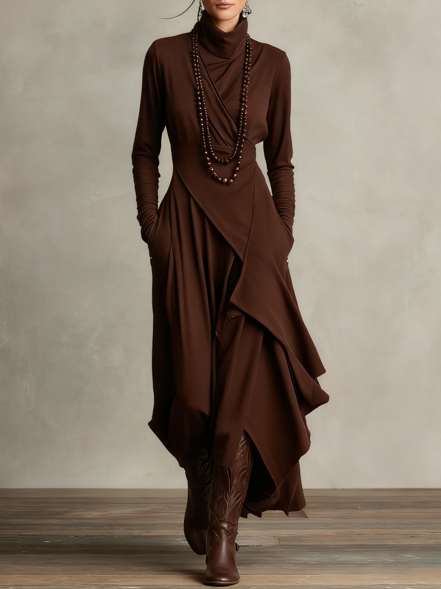 Genevieve turtleneck maxi dress with long sleeves and a soft flowing drape