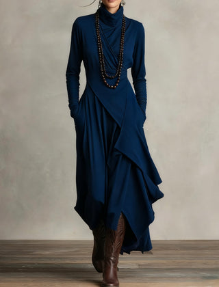 Genevieve turtleneck maxi dress with long sleeves and a soft flowing drape
