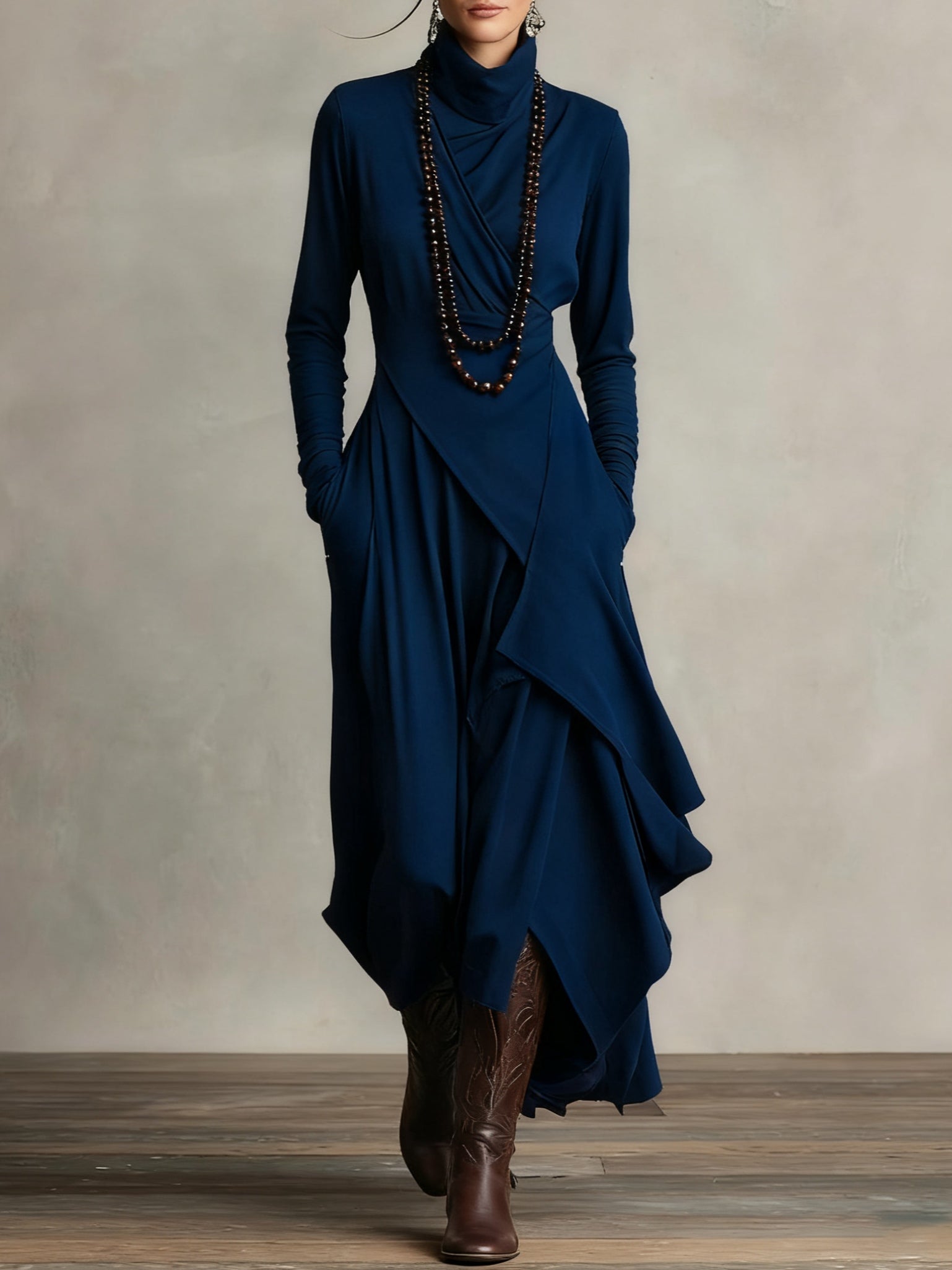 Genevieve turtleneck maxi dress with long sleeves and a soft flowing drape