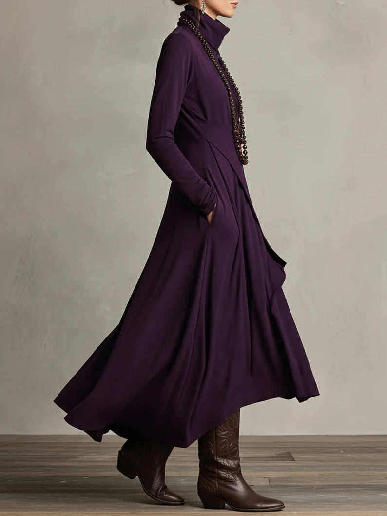 Genevieve turtleneck maxi dress with long sleeves and a soft flowing drape
