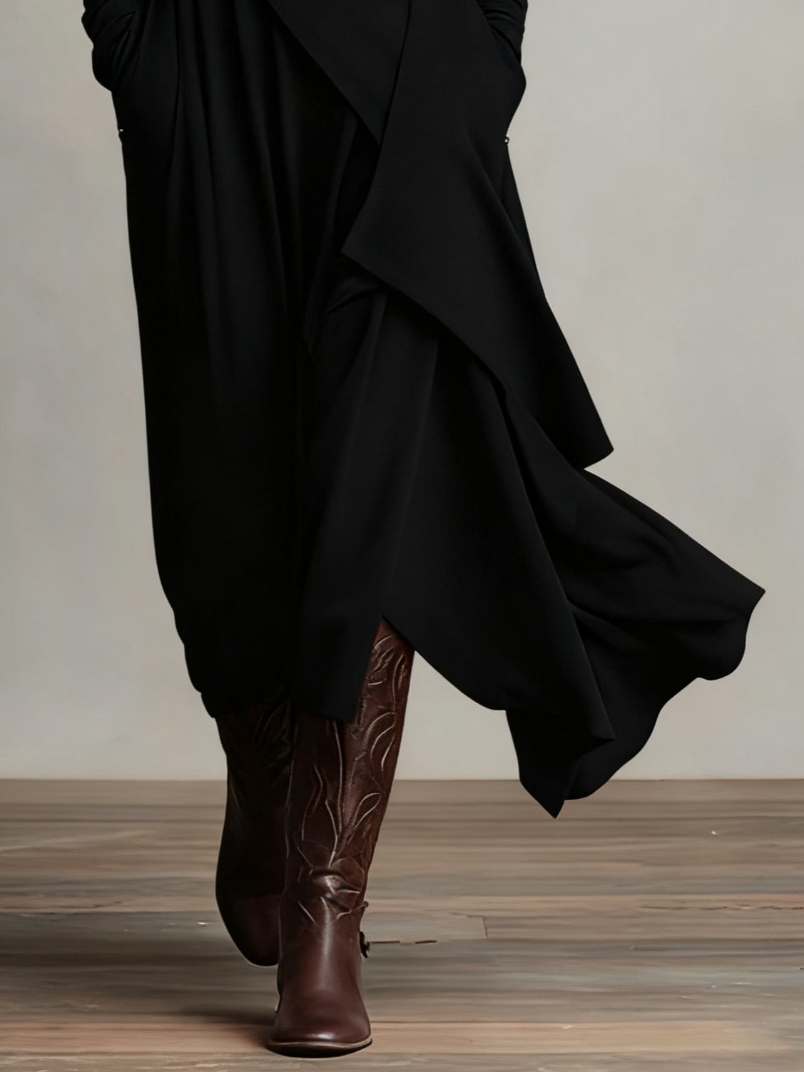 Genevieve turtleneck maxi dress with long sleeves and a soft flowing drape