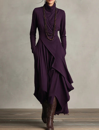 Genevieve turtleneck maxi dress with long sleeves and a soft flowing drape