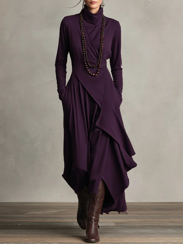 Genevieve turtleneck maxi dress with long sleeves and a soft flowing drape