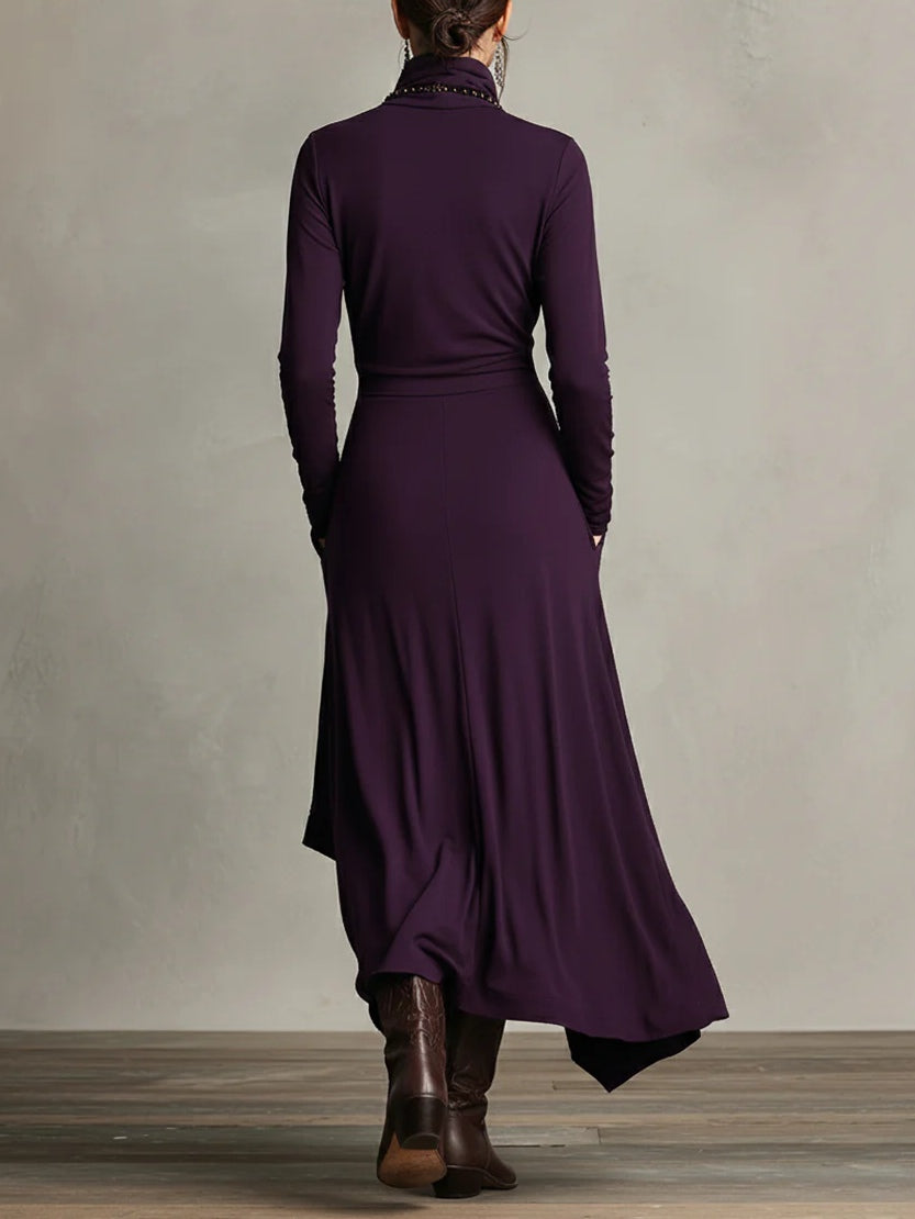 Genevieve turtleneck maxi dress with long sleeves and a soft flowing drape