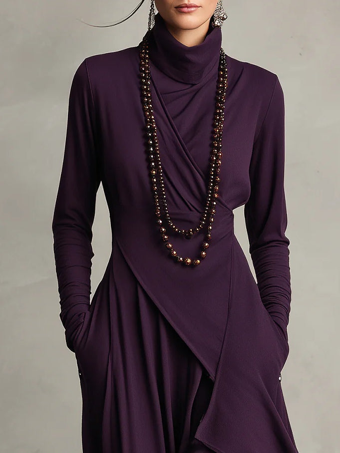Genevieve turtleneck maxi dress with long sleeves and a soft flowing drape
