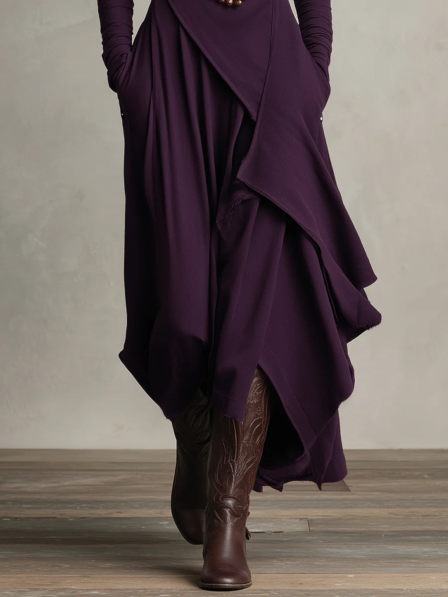 Genevieve turtleneck maxi dress with long sleeves and a soft flowing drape