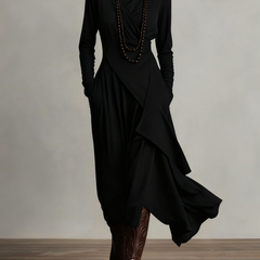 Genevieve turtleneck maxi dress with long sleeves and a soft flowing drape