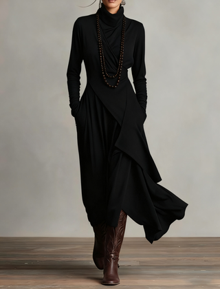 Genevieve turtleneck maxi dress with long sleeves and a soft flowing drape