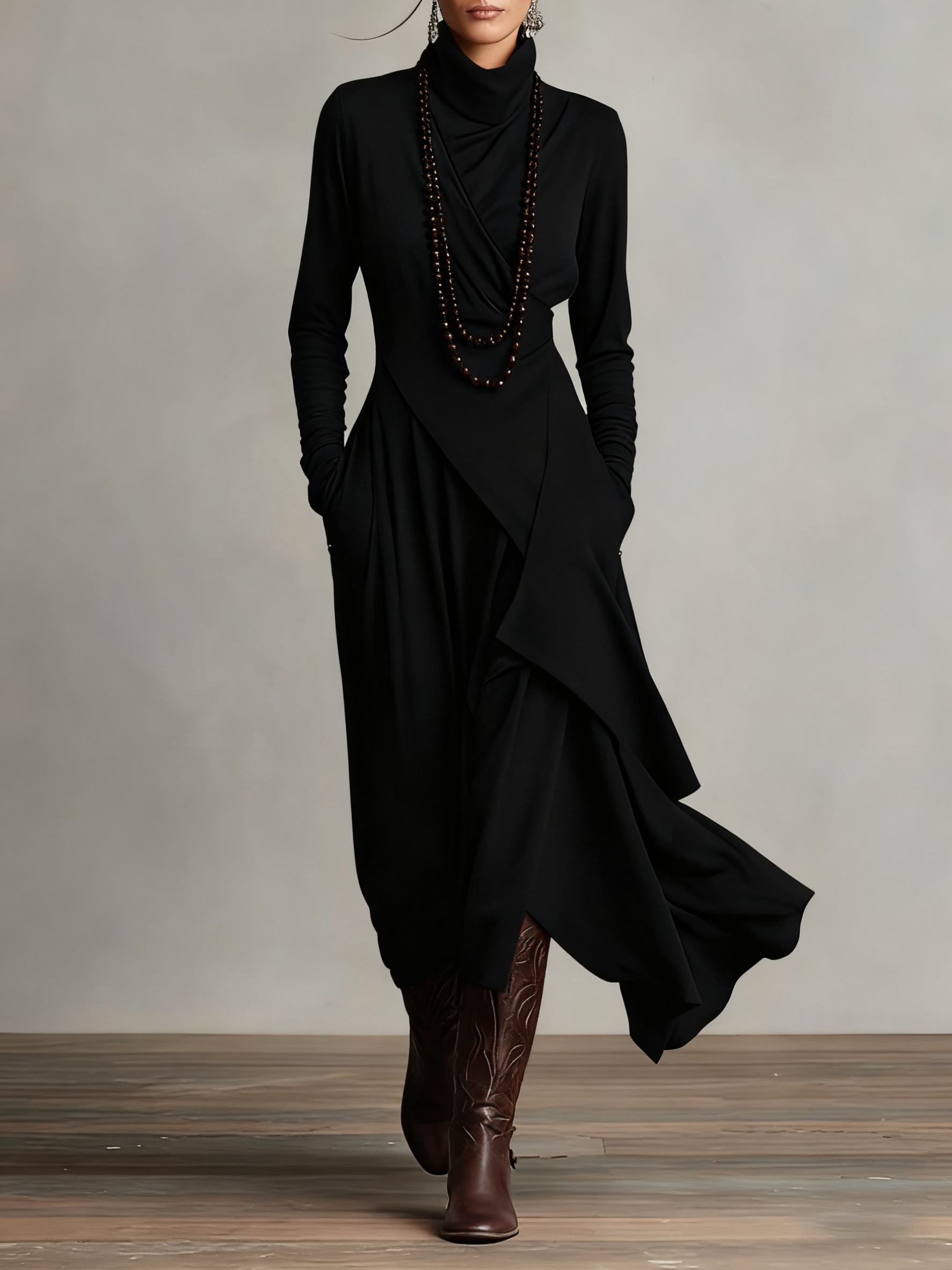 Genevieve turtleneck maxi dress with long sleeves and a soft flowing drape