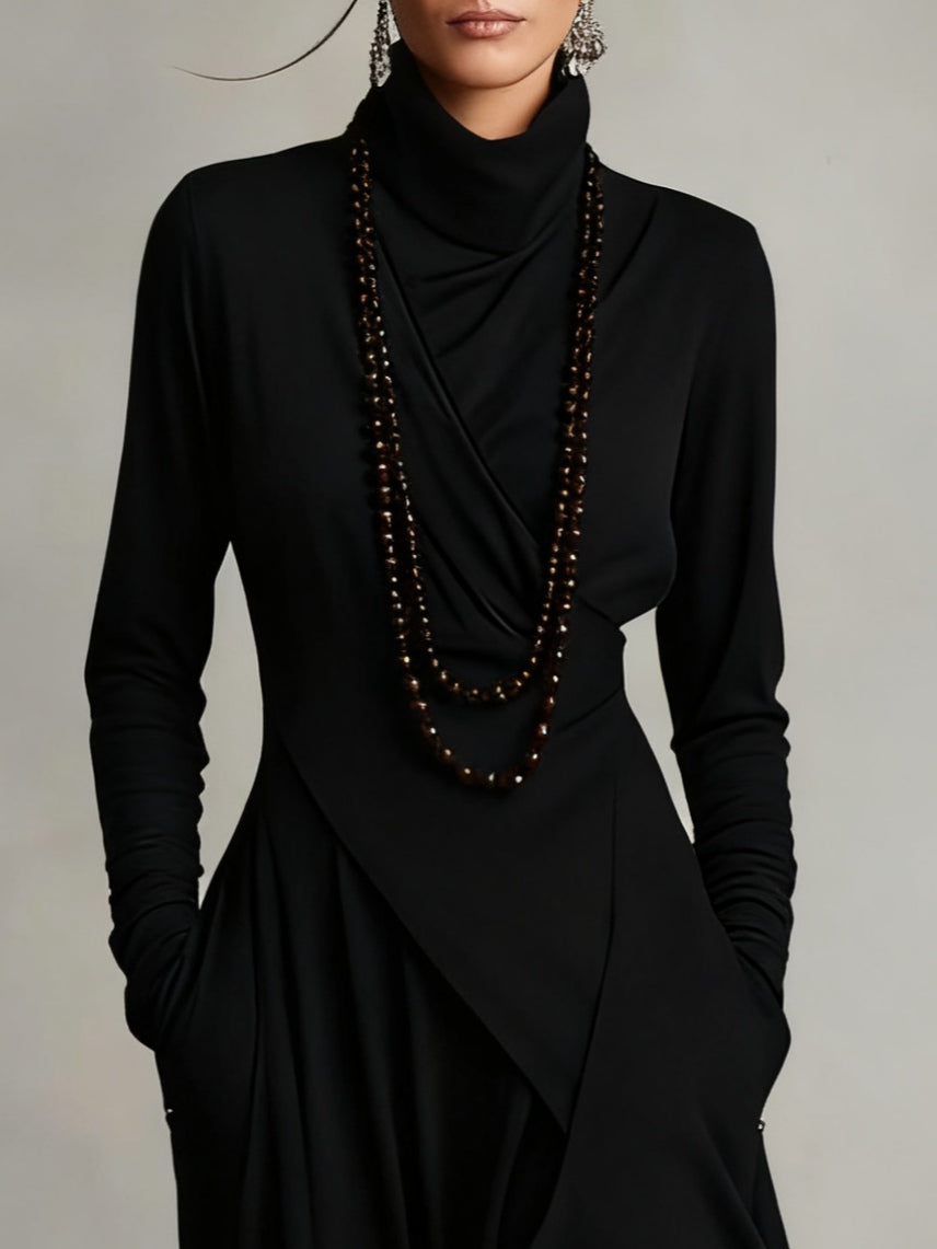 Genevieve turtleneck maxi dress with long sleeves and a soft flowing drape