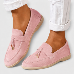 Round-toe casual loafers with a refined finish, shown in pink and camel