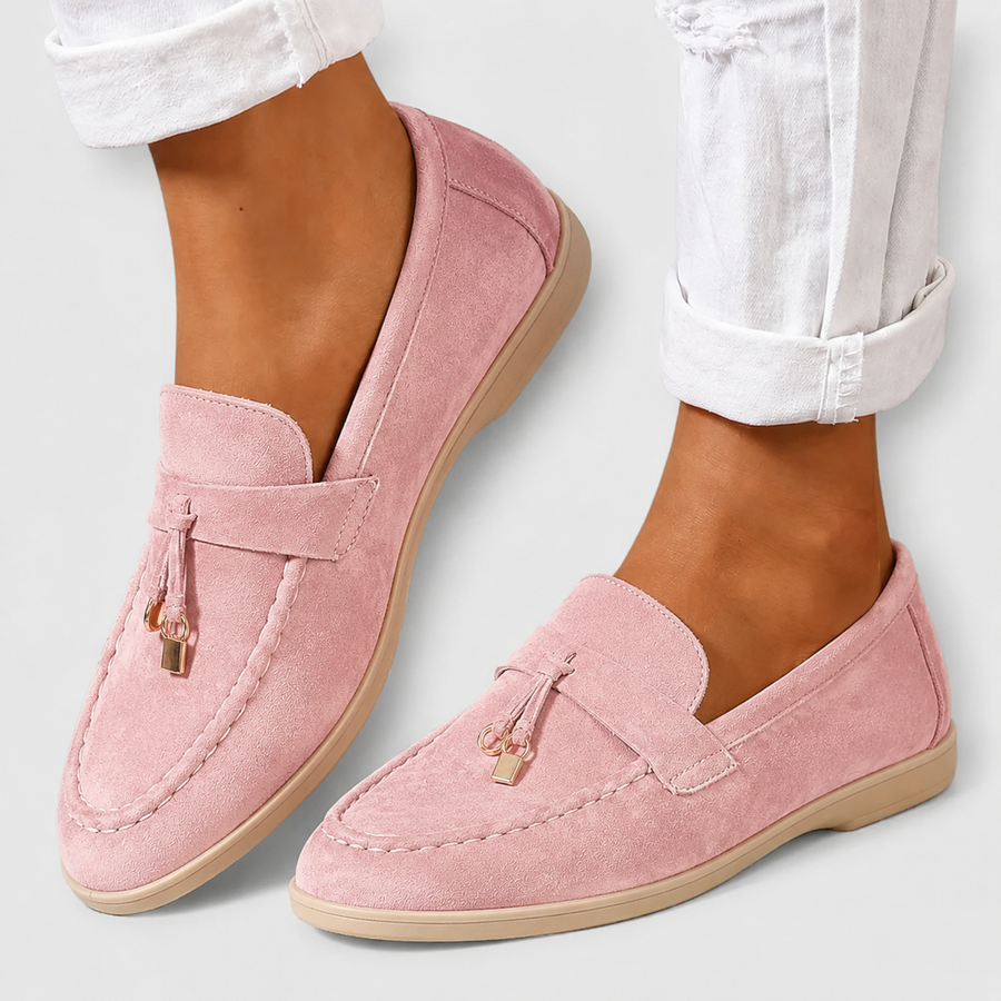 Round-toe casual loafers with a refined finish, shown in pink and camel