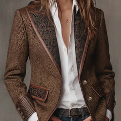 Brown herringbone printed panel blazer with defined shoulders and contrast edges