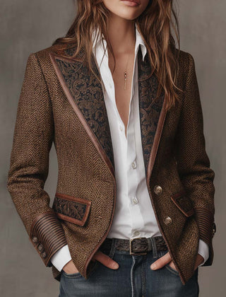 Brown herringbone printed panel blazer with defined shoulders and contrast edges