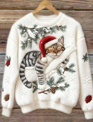 Women's crew neck sweater with a festive cat graphic and winter motifs, long sleeves and ribbed cuffs