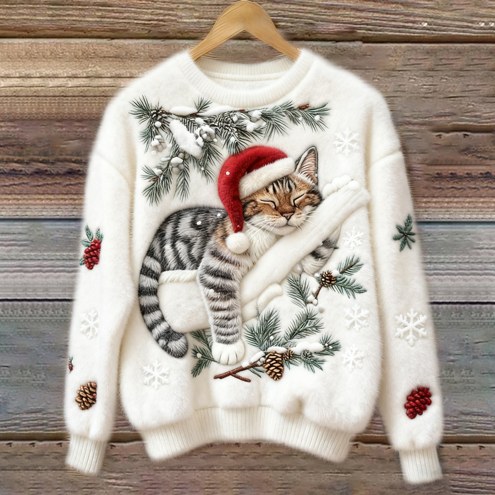 Women's crew neck sweater with a festive cat graphic and winter motifs, long sleeves and ribbed cuffs