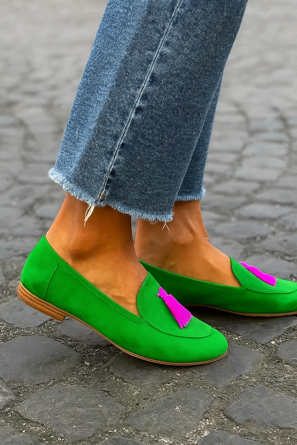 Bright green slip-on loafer with fuchsia tassel detail