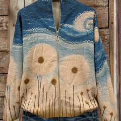 Blue quilted zip cardigan with a sunflower meadow print and ribbed cuffs and hem