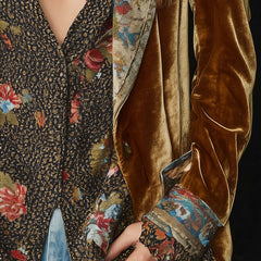 Brown vintage floral patchwork blazer with structured lapel for women