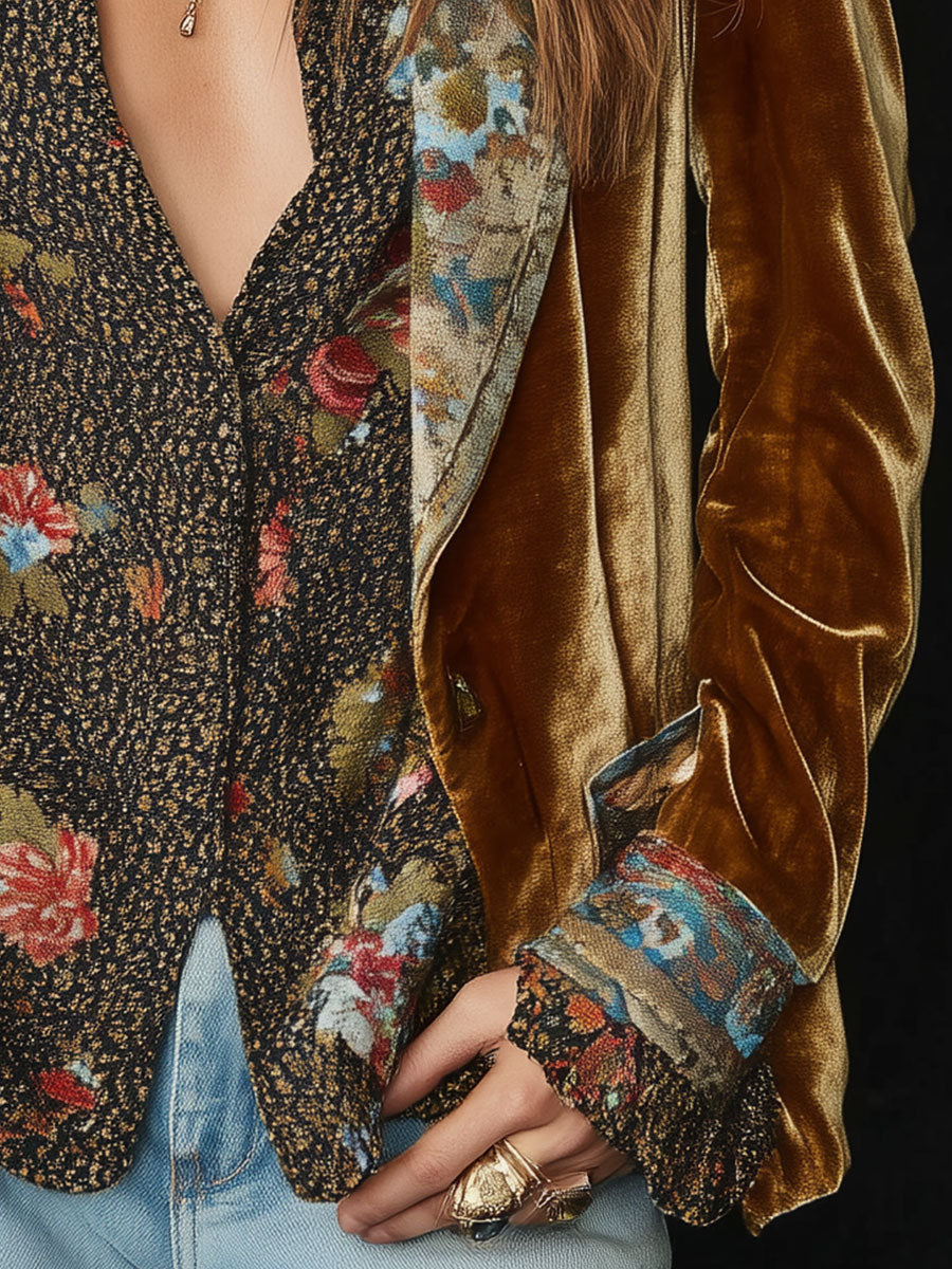 Brown vintage floral patchwork blazer with structured lapel for women