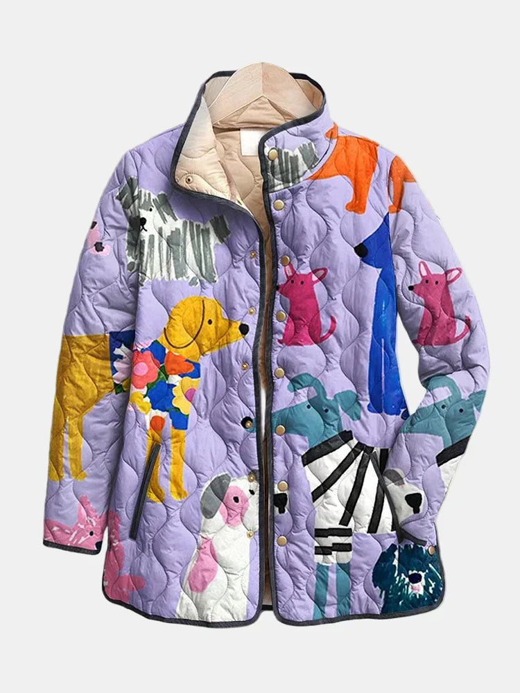 Rhea multicolour casual quilted jacket with playful dog print, relaxed fit
