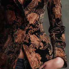Women's tailored single-breasted blazer in black with a bronze floral print