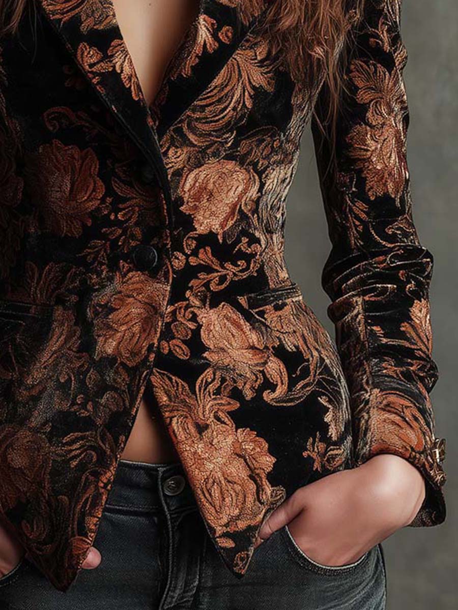 Women's tailored single-breasted blazer in black with a bronze floral print