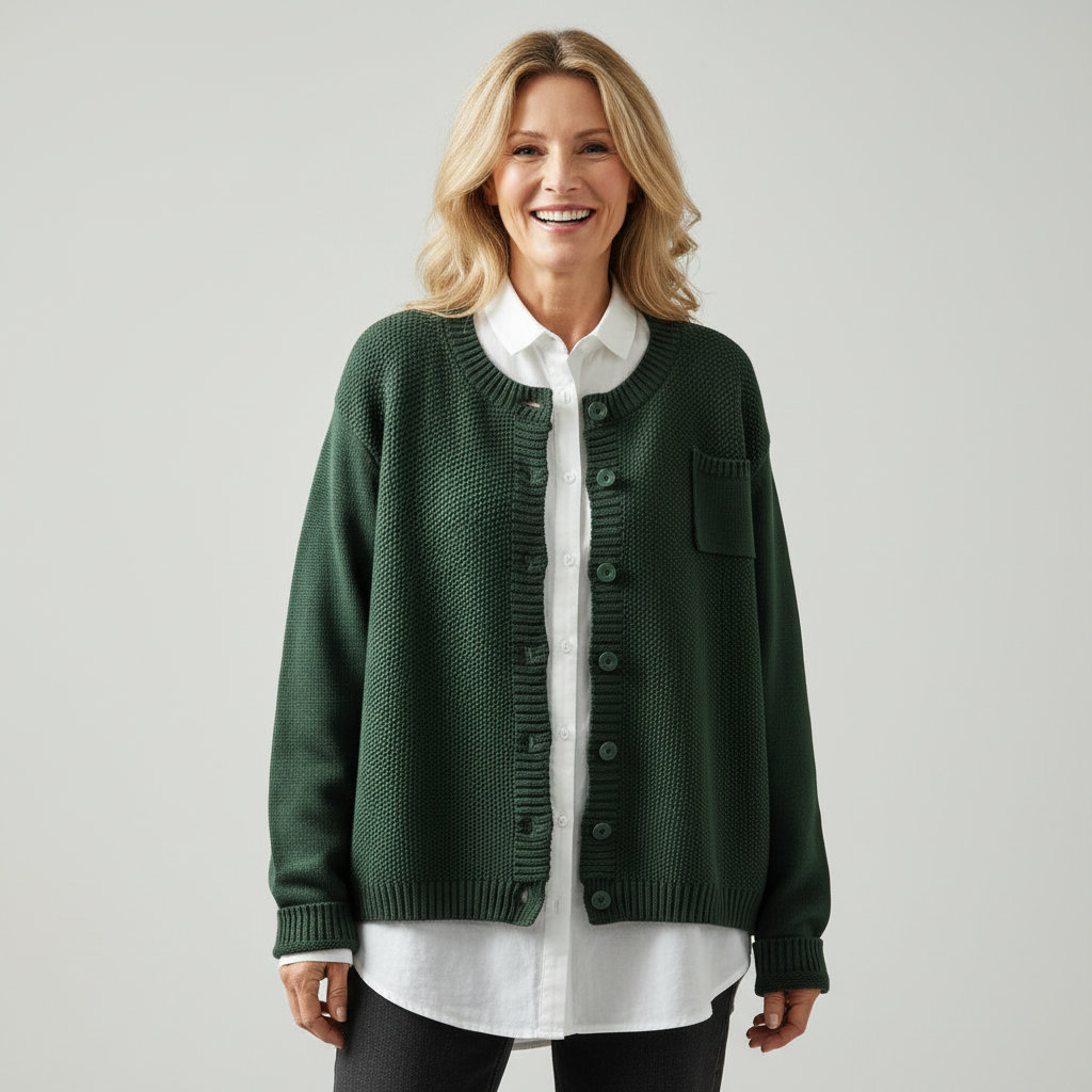 Women's cozy knit cardigan with subtle texture, shown in yellow